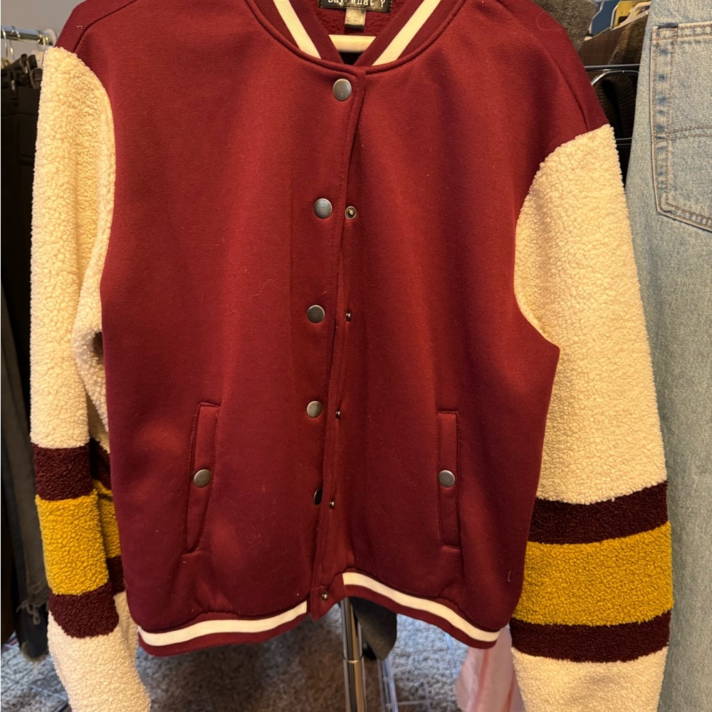 Stylish Burgundy, Cream and Gold Varsity Jacket